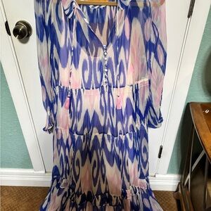 Anthropologie Marais Dress Blue and Pink Patterned Maxi Dress